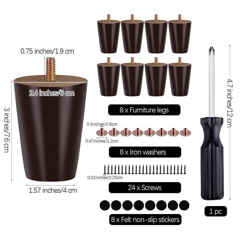 TURSTIN 8 Pieces Furniture Legs 3 Inches Round Solid Wood Furniture Feet Couch Legs Sofa Legs Replacement Legs for Armchair, Cabinet, Chair, Dresser or Home DIY Projects, Brown - Image 2